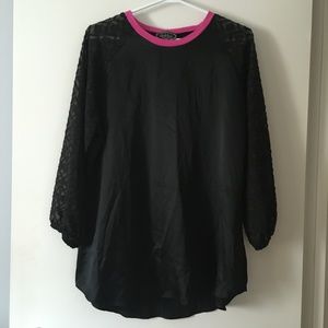 DOTTY Black Silk Satin Lace Sleeve Pullover Blouse XL